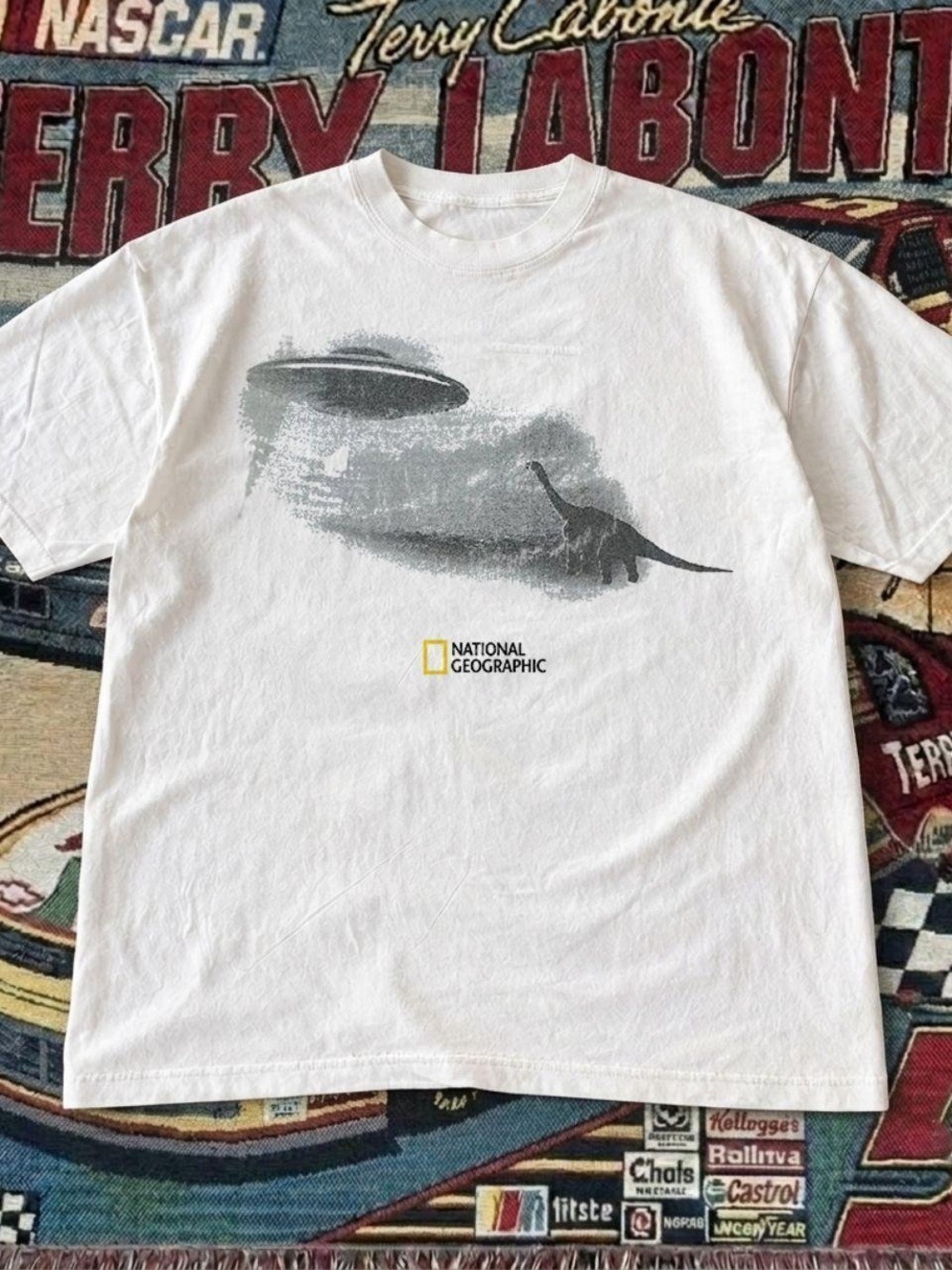 Gildan White Tee with Gray Dinosaur and UFO Graphic